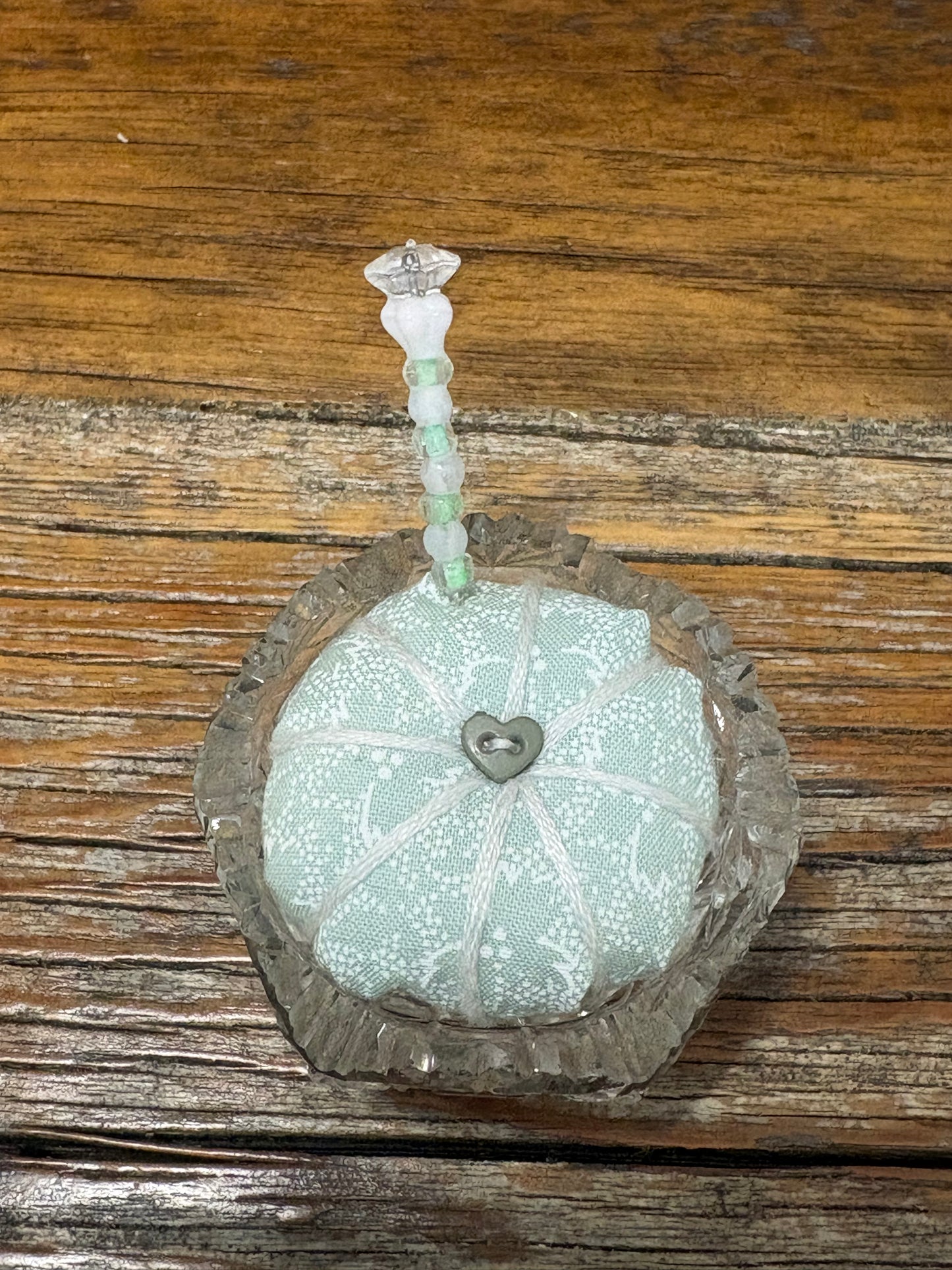 Handmade Salt Cellar Pin Cushion – Decorative Mini Pincushion with Beaded Pin