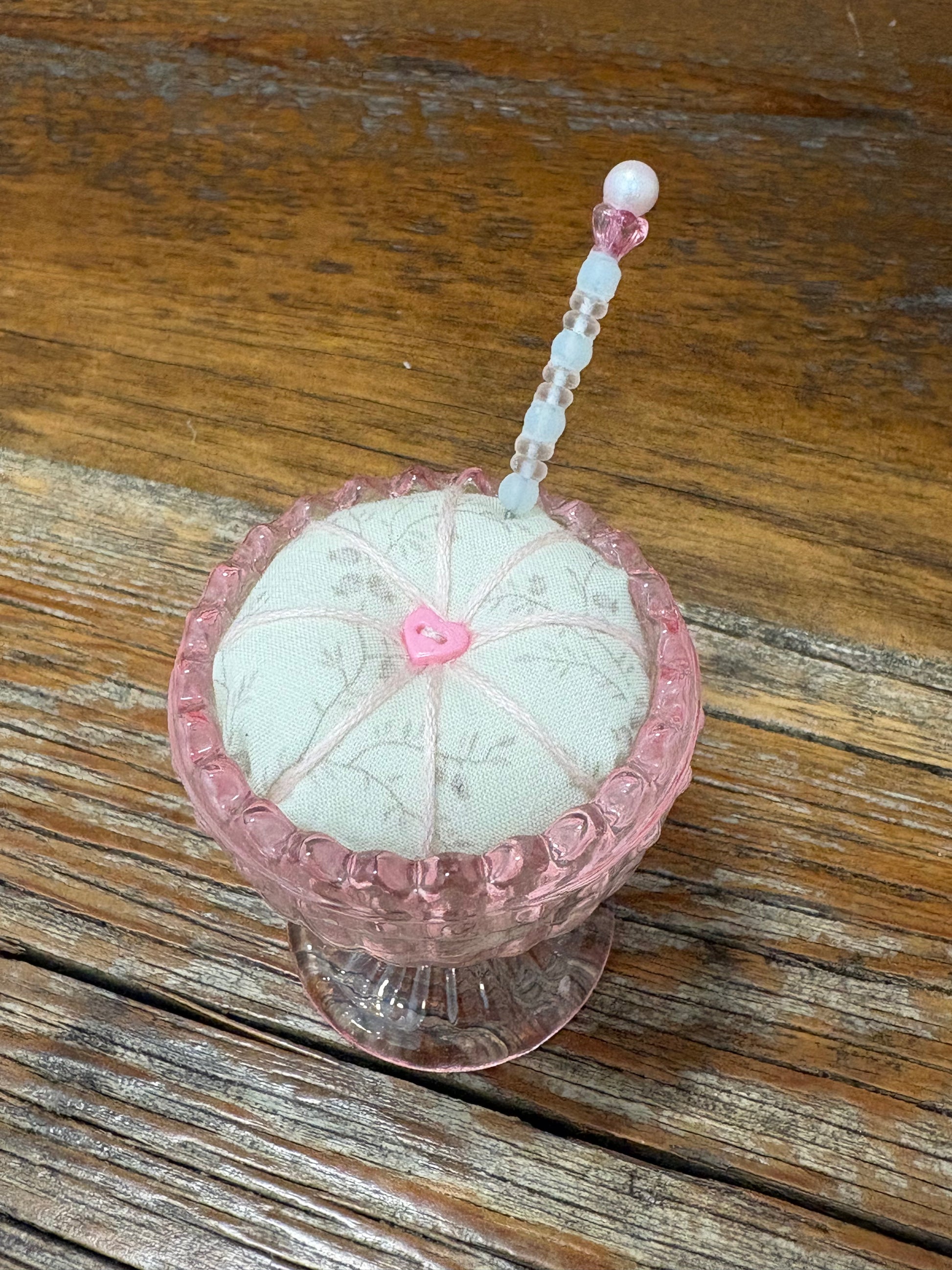Handmade Egg Cup Pin Cushion – Decorative Mini Pincushion with Beaded Pin