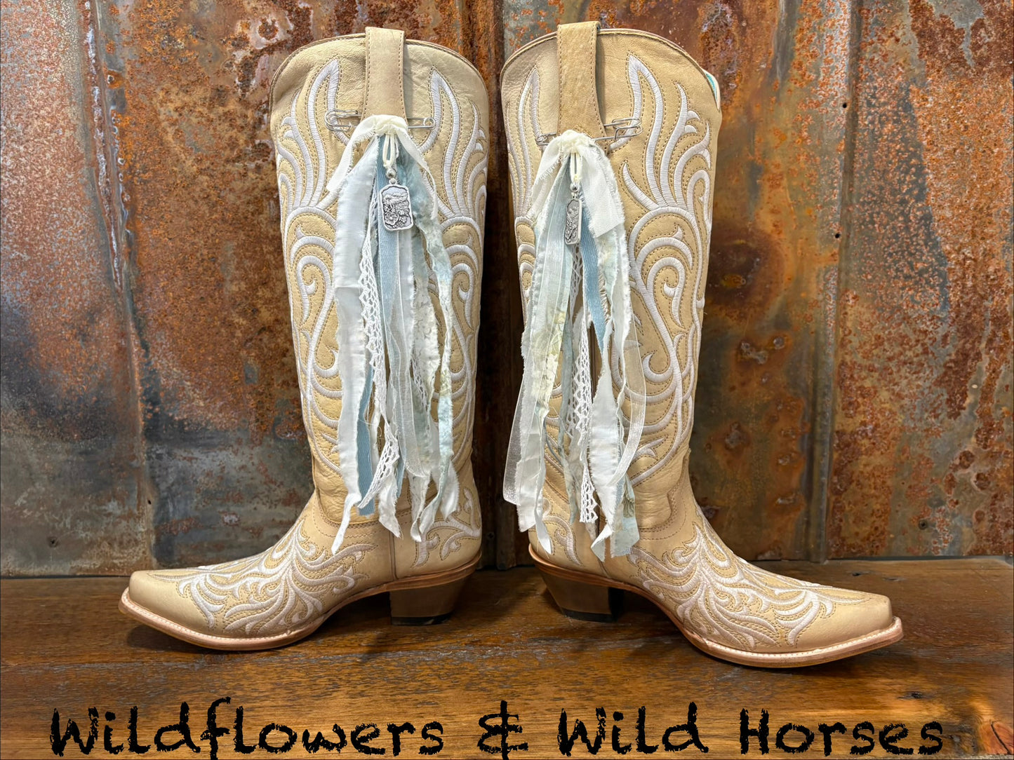 Cowboy Boot Ties Bows Dangles - Western Boho Cowgirl Handmade accessory - Wildflowers & Wild Horses
