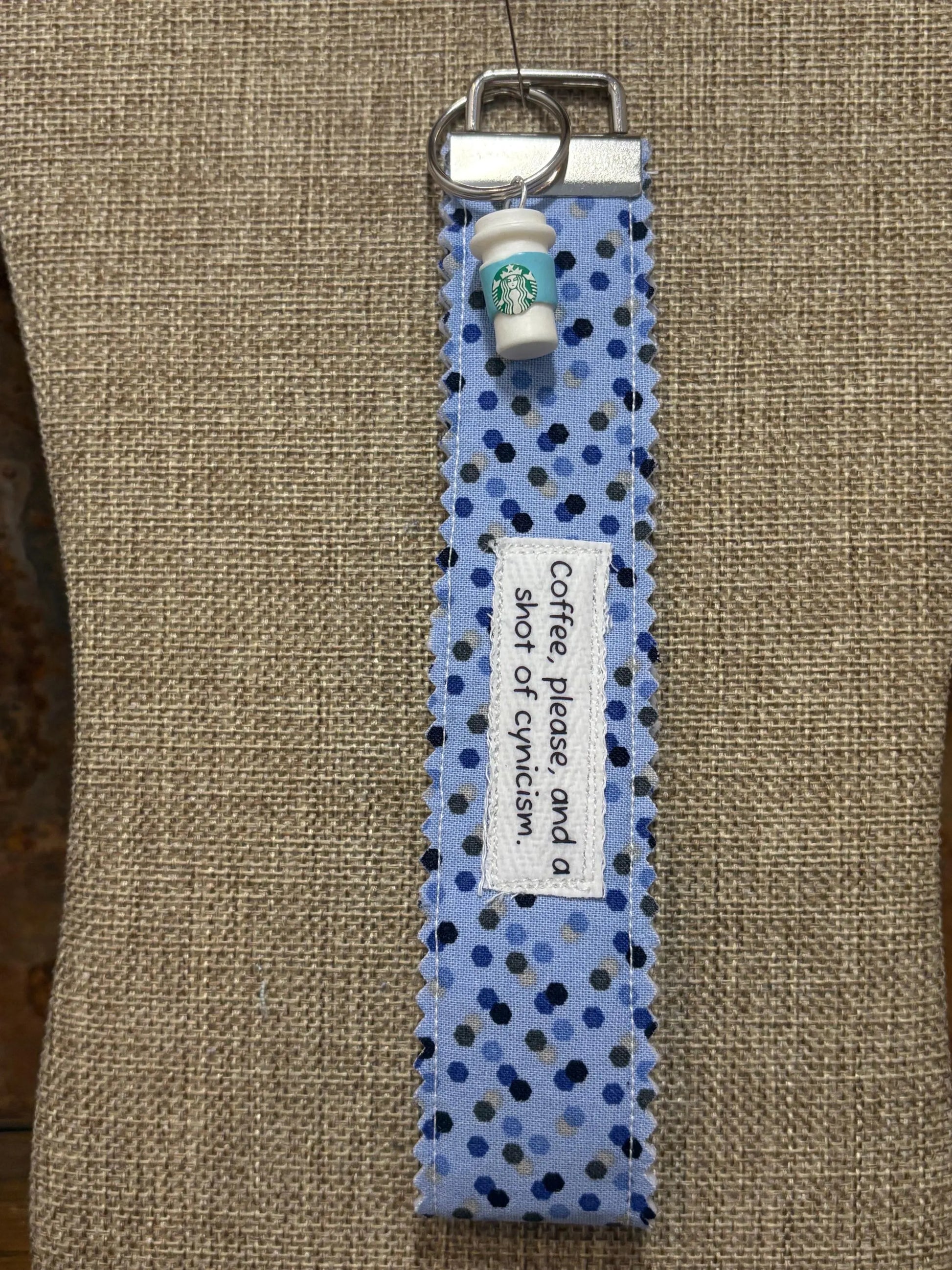Homemade Homespun Fabric Gilmore Girls Themed Key Fob Keychain Coffee Please And A Shot Of Cynicism