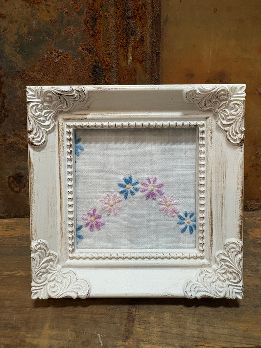 Whitewashed Wood Frame With Vintage Embroidered Linen Upcycled Farmhouse Shabby Chic Cottagecore Decor