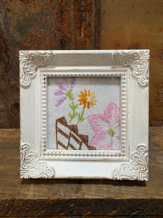 Whitewashed Wood Frame With Vintage Embroidered Linen Upcycled Farmhouse Shabby Chic Cottagecore Decor