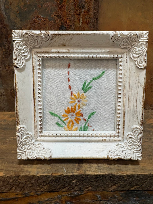 Whitewashed Wood Frame With Vintage Embroidered Linen Upcycled Farmhouse Shabby Chic Cottagecore Decor