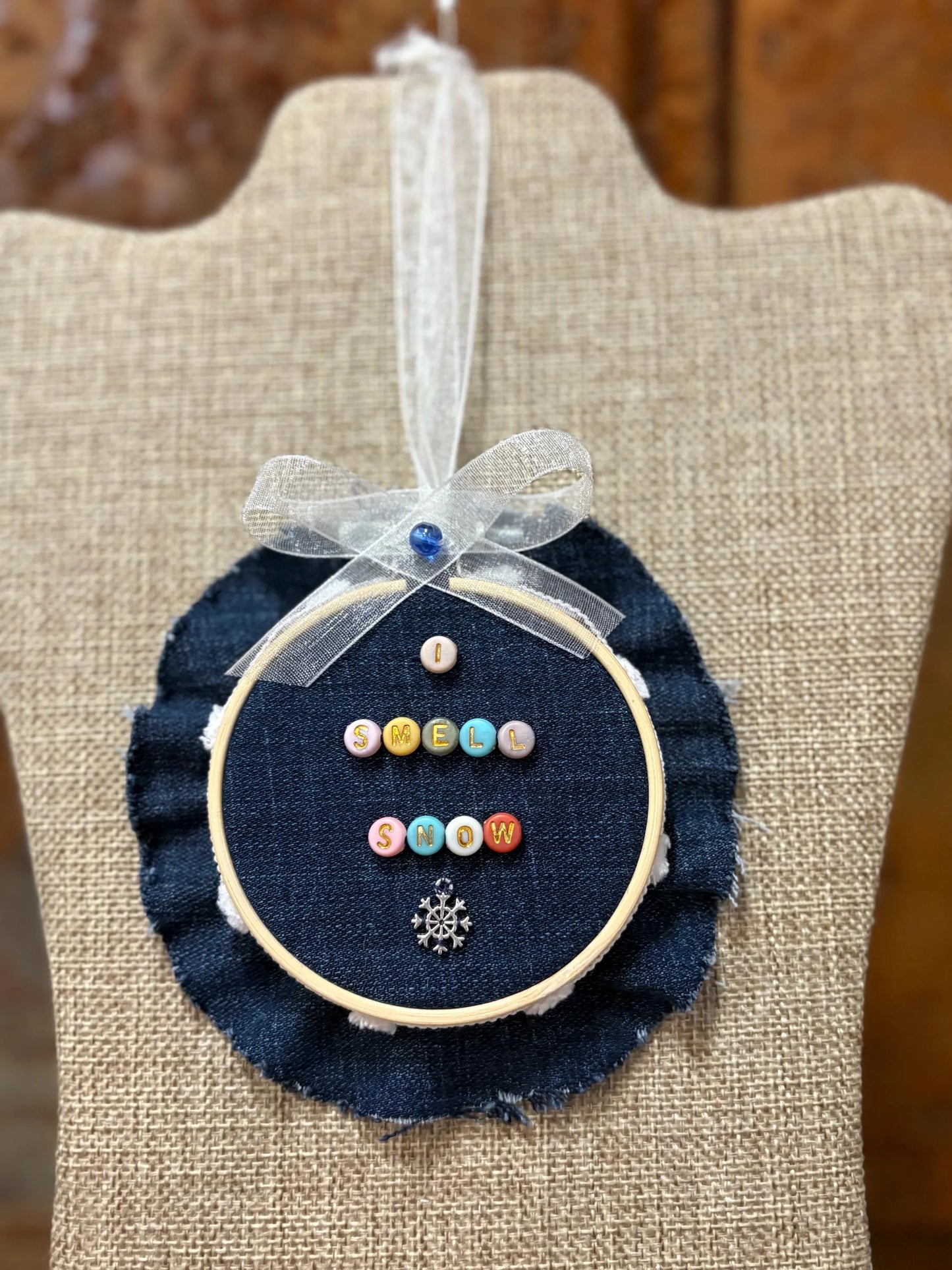Gilmore Girls Themed Mini Denim Embroidery Ring Wreath Ornament I Smell Snow Silver Snowflake Charm
