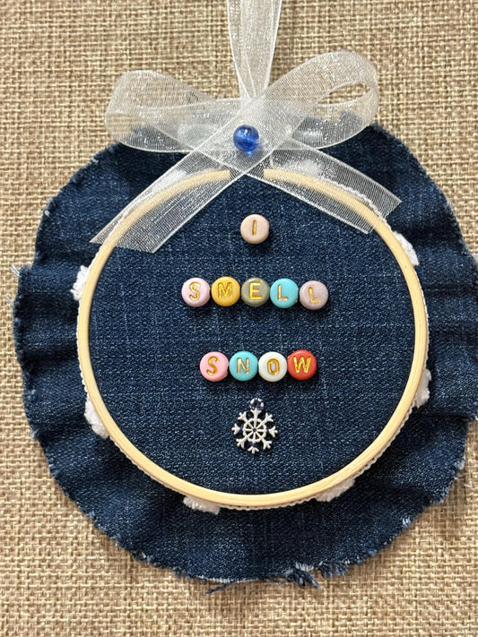 Gilmore Girls Themed Mini Denim Embroidery Ring Wreath Ornament I Smell Snow Silver Snowflake Charm
