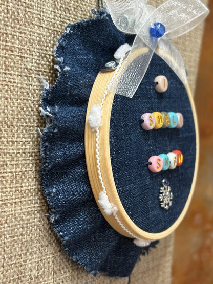 Gilmore Girls Themed Mini Denim Embroidery Ring Wreath Ornament I Smell Snow Silver Snowflake Charm