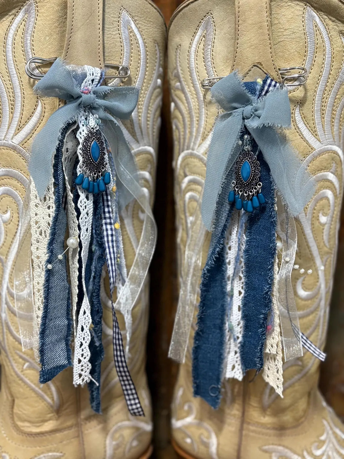 Cowboy Boot Ties Bows Dangles - Western Boho Cowgirl Handmade accessory -Blue jean night