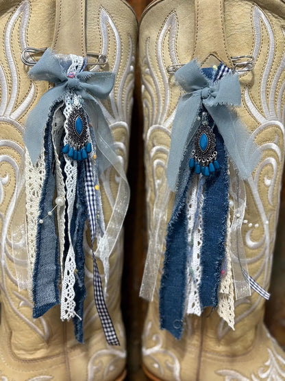 Cowboy Boot Ties Bows Dangles - Western Boho Cowgirl Handmade accessory -Blue jean night