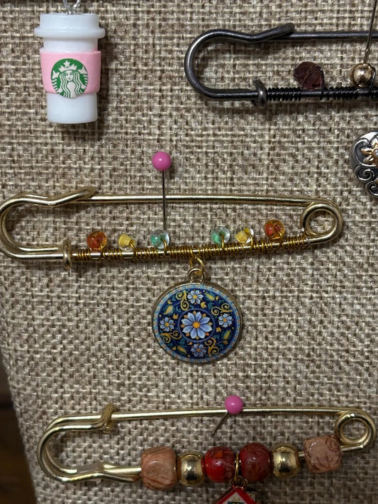 Handmade Beaded Safety Pin Brooch: Western Boho Fashion Accessory Blue Medallion