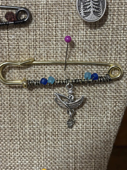 Handmade Beaded Safety Pin Brooch: Western Boho Fashion Accessory Fisherman in Boat