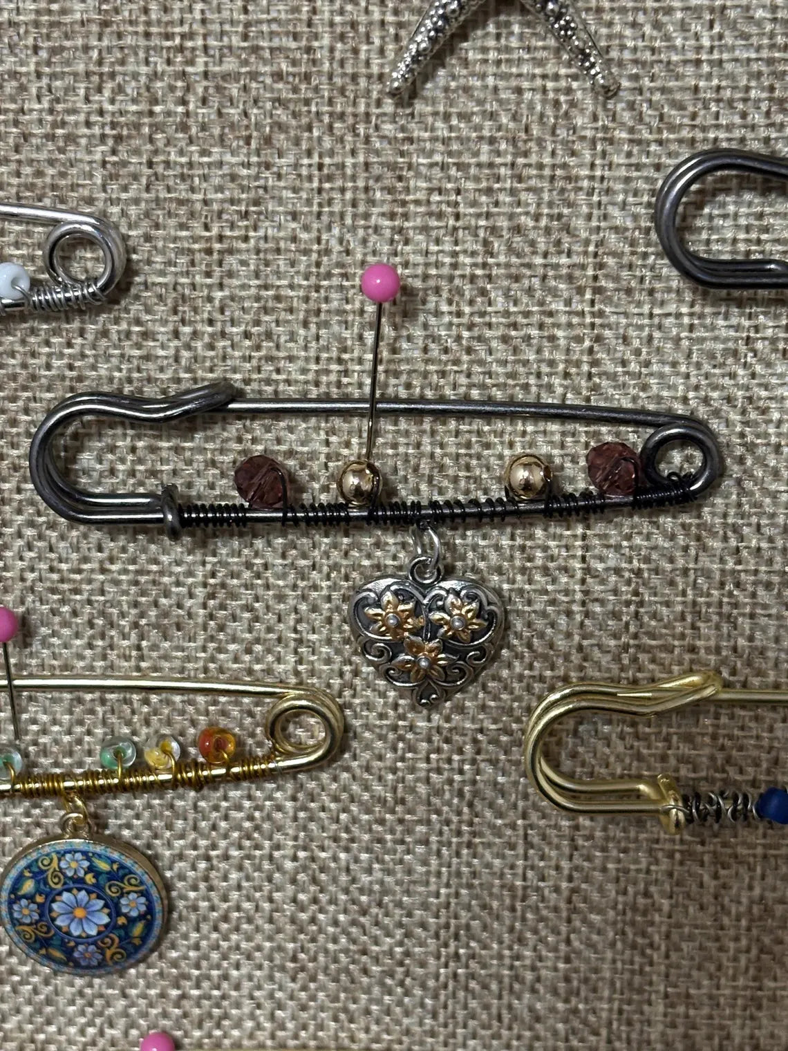 Handmade Beaded Safety Pin Brooch: Western Boho Fashion Accessory Heart