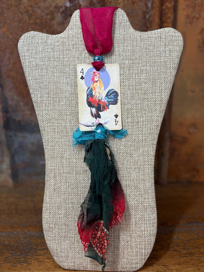 Handmade Car Rearview Mirror Charm: Playing Card Art, Western Boho Tassel Chicken