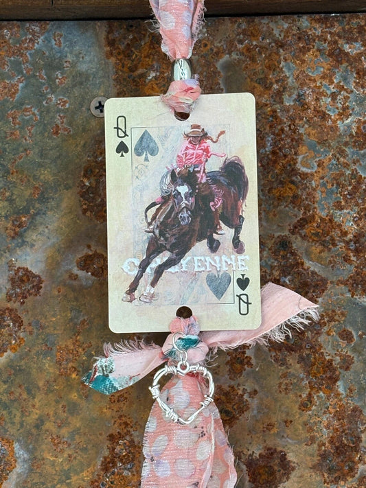 Handmade Car Rearview Mirror Charm: Playing Card Art, Western Boho Tassel Cowgirl On Horse