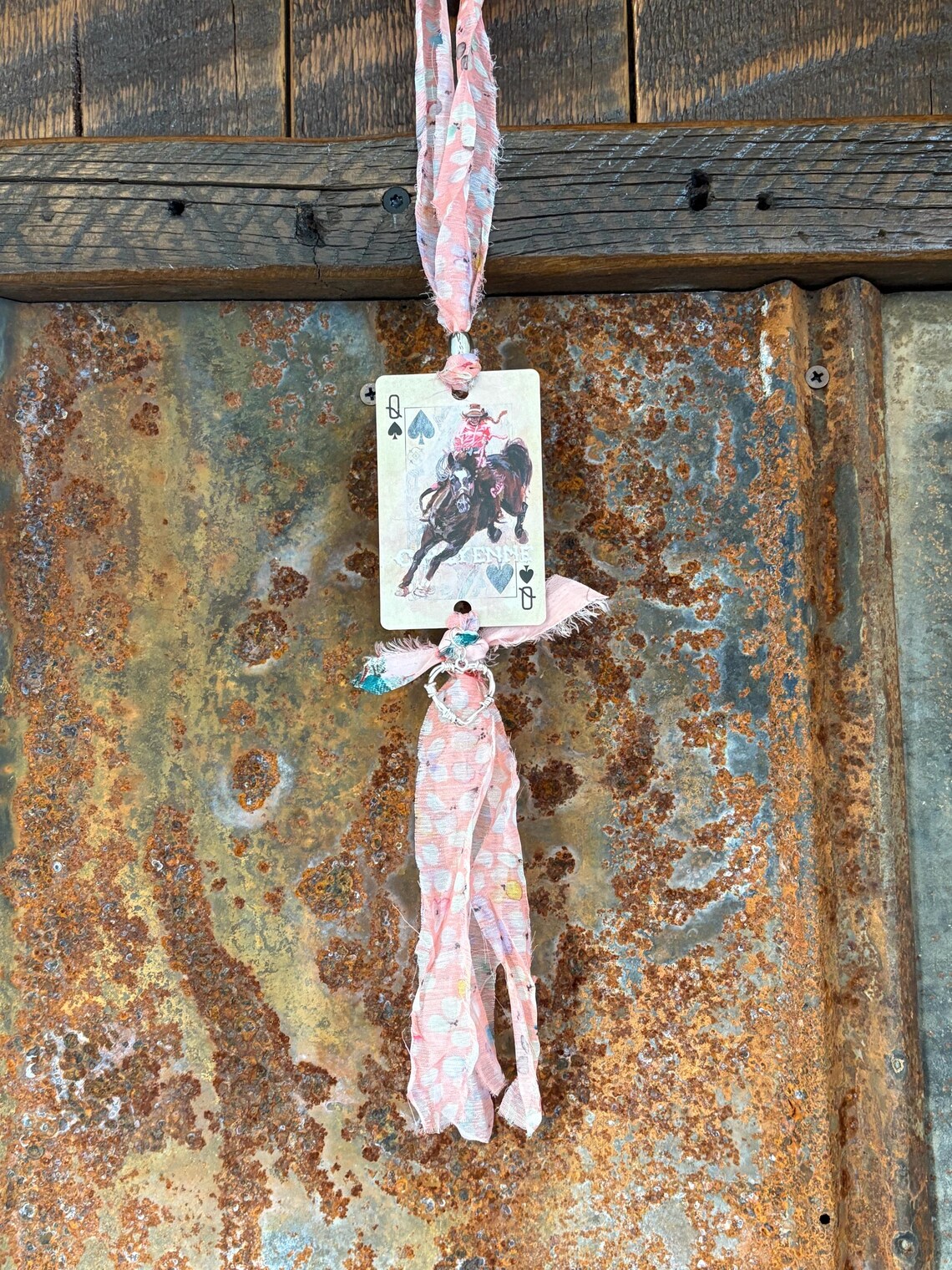 Handmade Car Rearview Mirror Charm: Playing Card Art, Western Boho Tassel Cowgirl On Horse