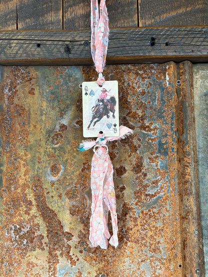 Handmade Car Rearview Mirror Charm: Playing Card Art, Western Boho Tassel Cowgirl On Horse