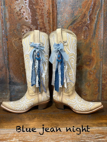 Cowboy Boot Ties Bows Dangles - Western Boho Cowgirl Handmade accessory -Blue jean night