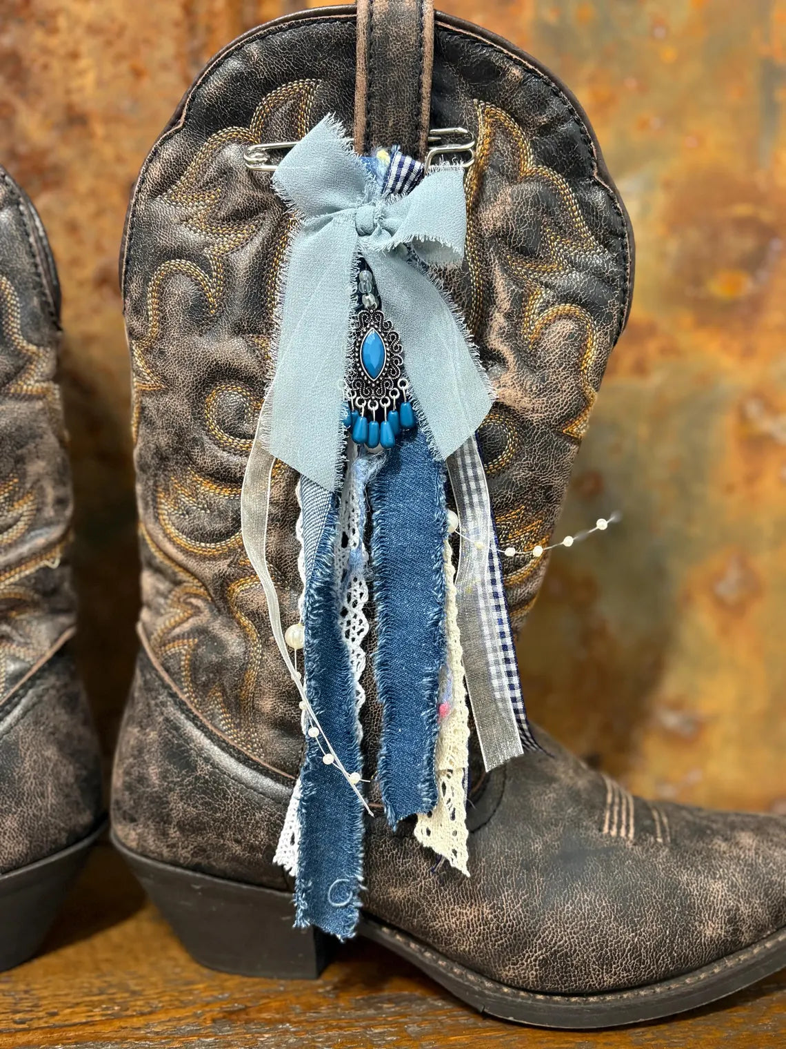 Cowboy Boot Ties Bows Dangles - Western Boho Cowgirl Handmade accessory -Blue jean night