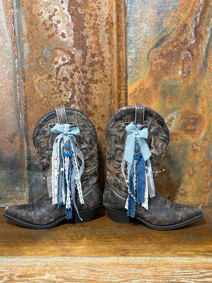 Cowboy Boot Ties Bows Dangles - Western Boho Cowgirl Handmade accessory -Blue jean night