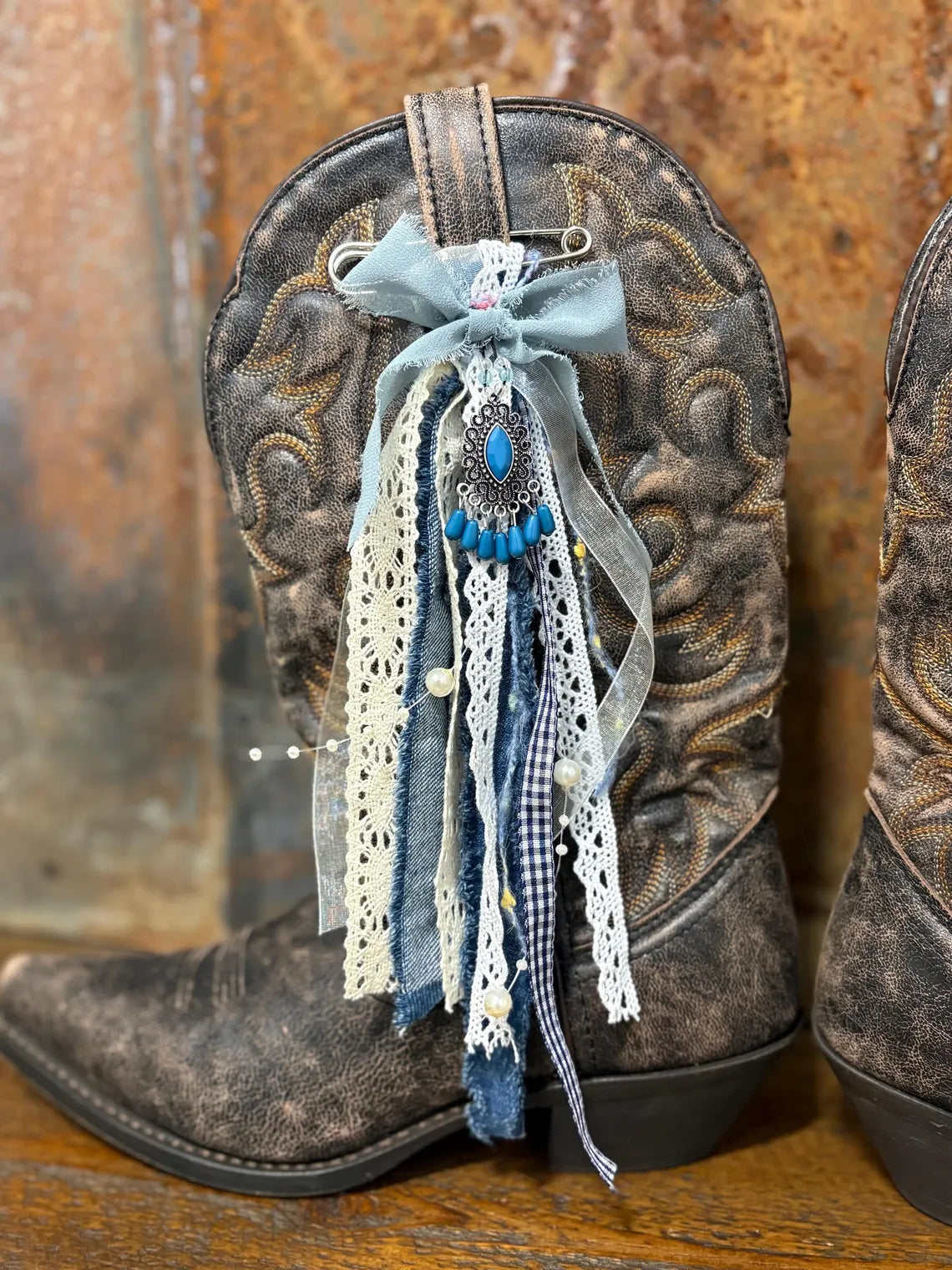 Cowboy Boot Ties Bows Dangles - Western Boho Cowgirl Handmade accessory -Blue jean night