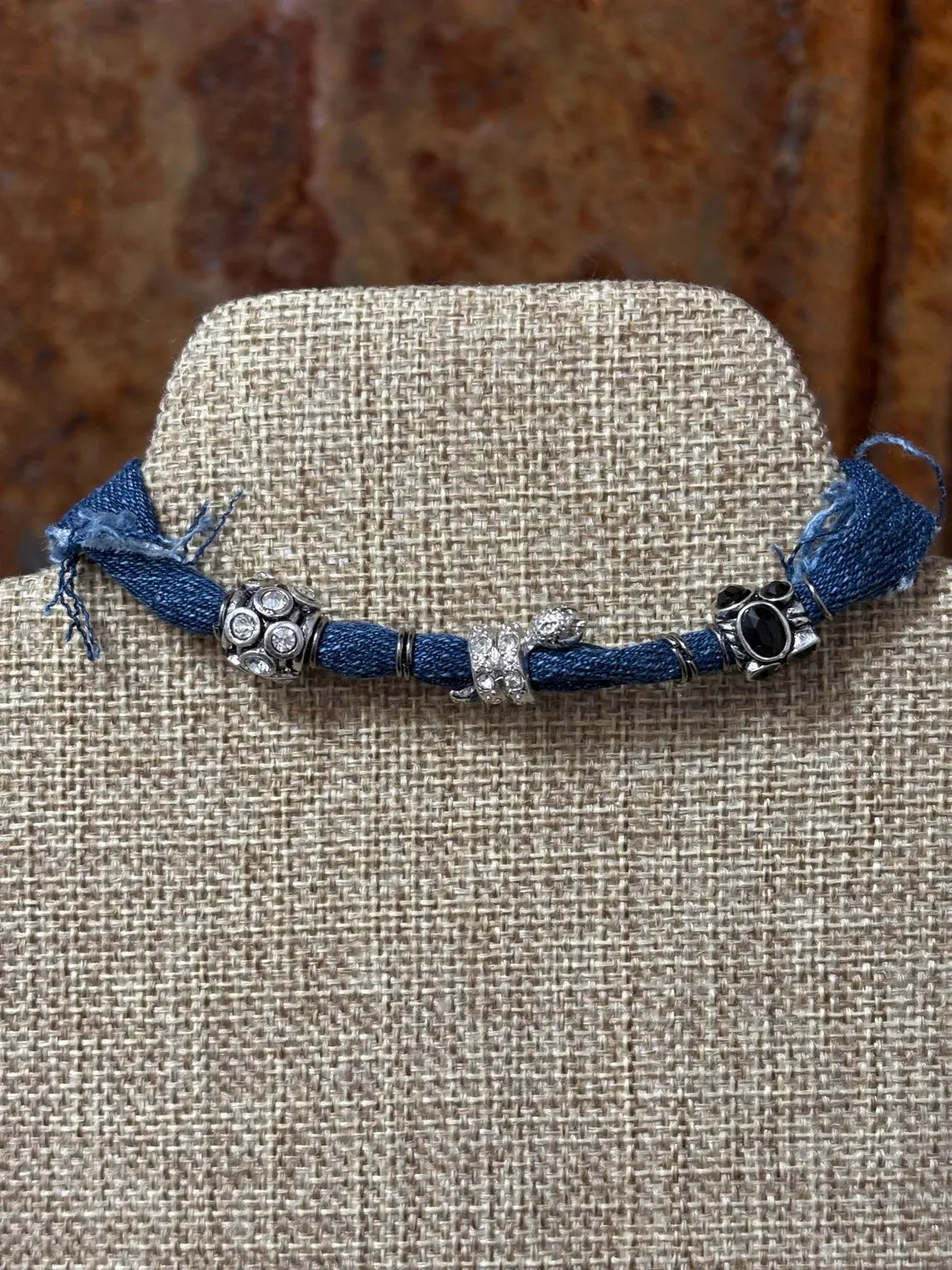 Handmade Bandana Denim Suede Cord Charm Bracelet w/ Adjustable Sliding Knot Denim Snake