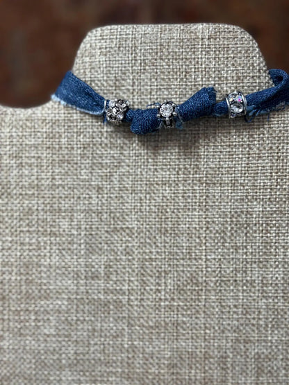 Handmade Bandana Denim Suede Cord Charm Bracelet w/ Adjustable Sliding Knot Denim Ring Bracelet