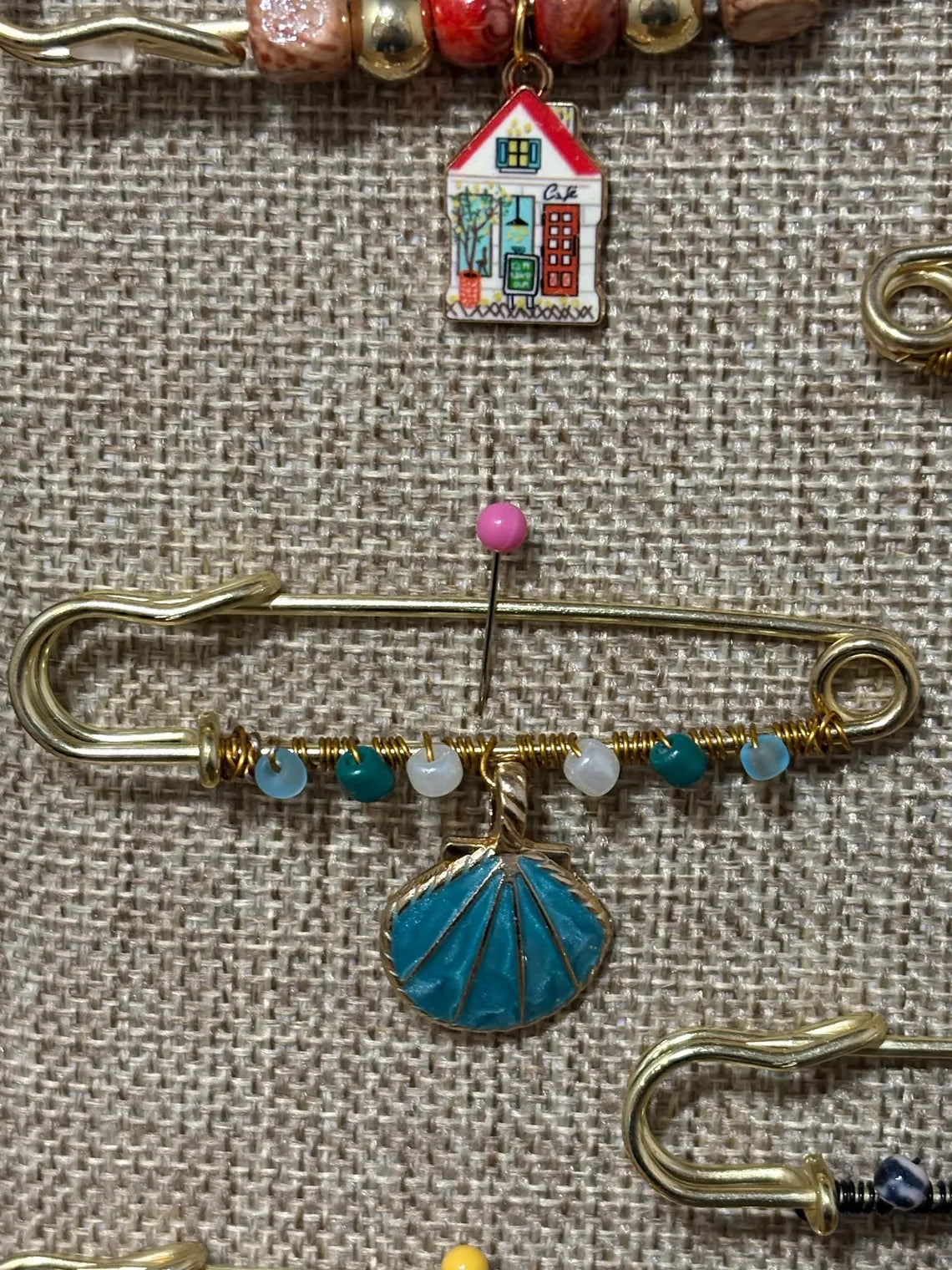 Handmade Beaded Safety Pin Brooch: Western Boho Fashion Accessory Shell