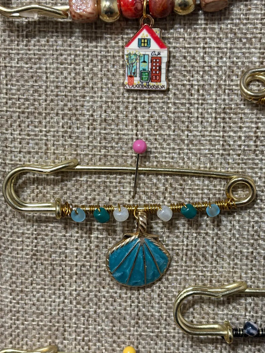 Handmade Beaded Safety Pin Brooch: Western Boho Fashion Accessory Shell
