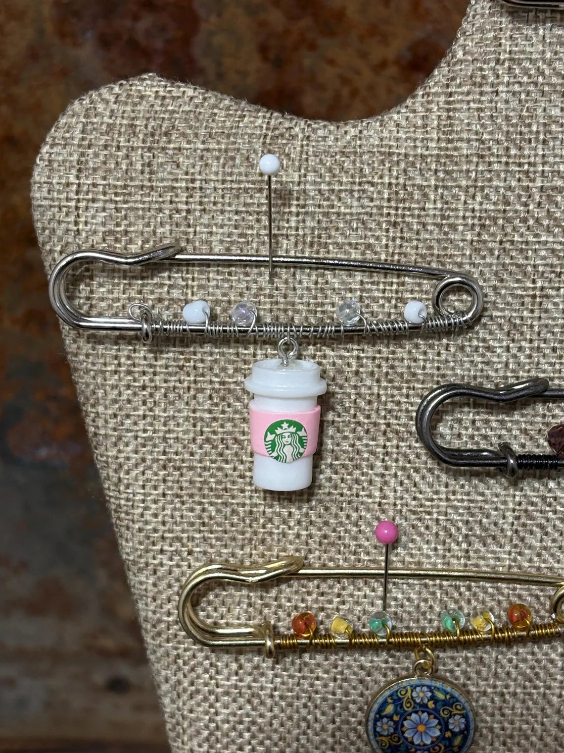 Handmade Beaded Safety Pin Brooch: Western Boho Fashion Accessory Starbucks Coffee