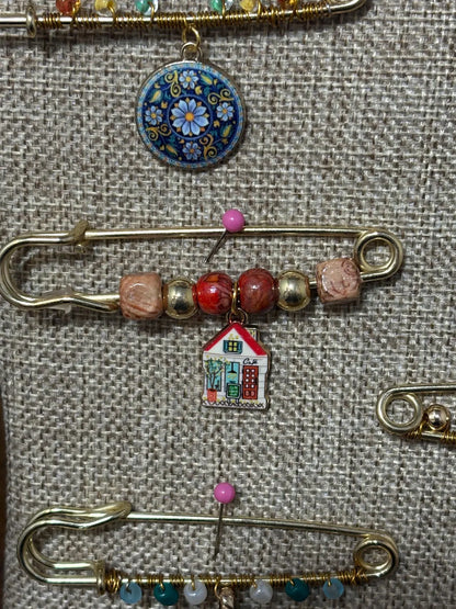 Handmade Beaded Safety Pin Brooch: Western Boho Fashion Accessory Cafe Charm