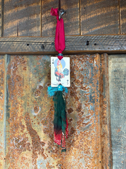 Handmade Car Rearview Mirror Charm: Playing Card Art, Western Boho Tassel Chicken