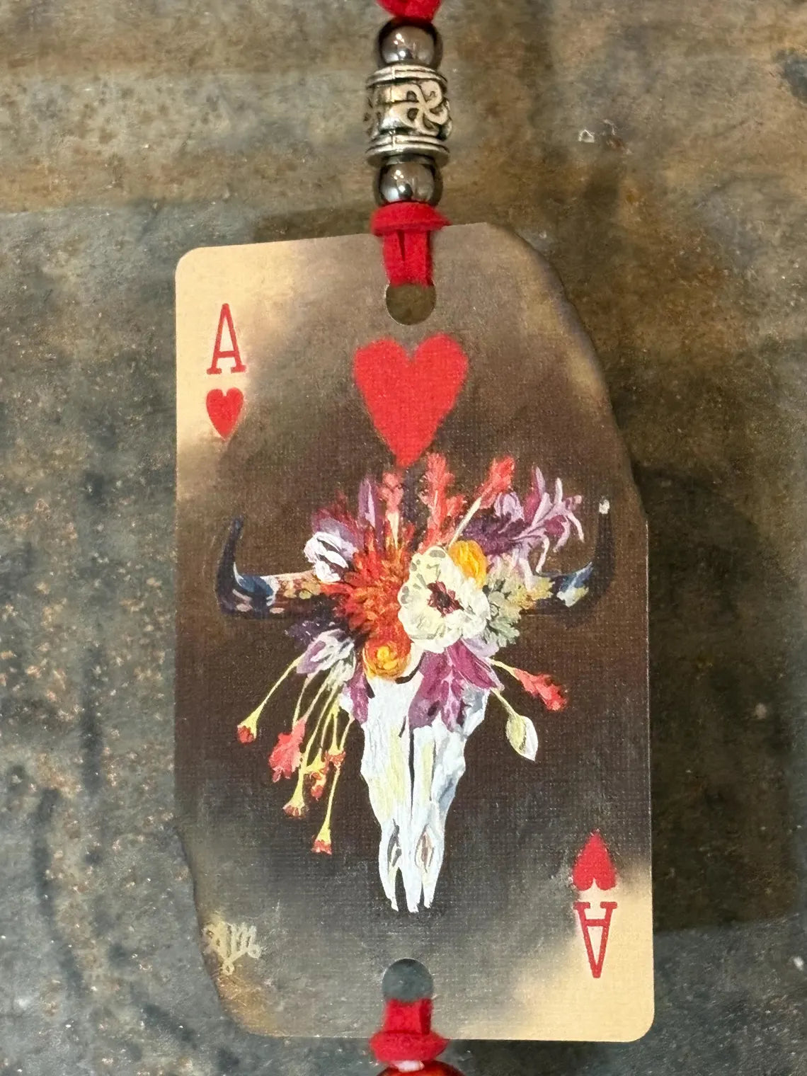 Handmade Car Rearview Mirror Charm: Western Boho Playing Card Tassel Charred Cow Skull