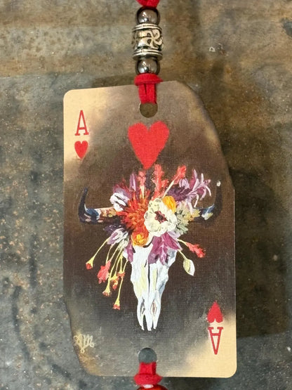 Handmade Car Rearview Mirror Charm: Western Boho Playing Card Tassel Charred Cow Skull