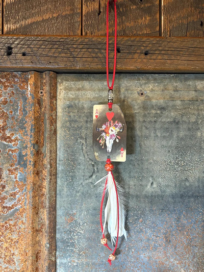 Handmade Car Rearview Mirror Charm: Western Boho Playing Card Tassel Charred Cow Skull