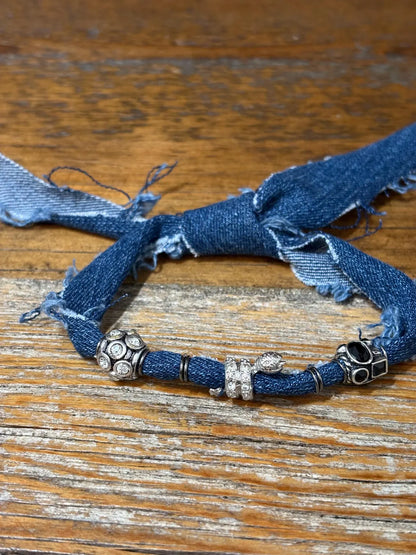 Handmade Bandana Denim Suede Cord Charm Bracelet w/ Adjustable Sliding Knot Denim Snake