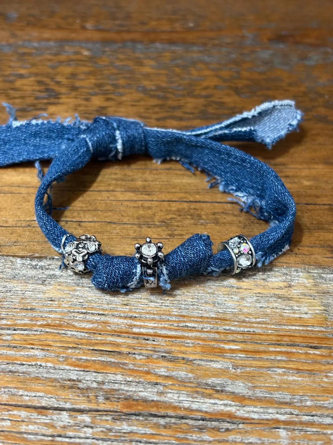 Handmade Bandana Denim Suede Cord Charm Bracelet w/ Adjustable Sliding Knot Denim Ring Bracelet