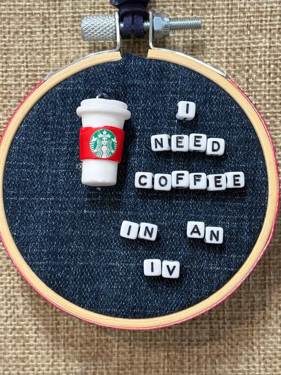 Gilmore Girls Themed Mini Denim Embroidery Ring Wreath Ornament I Need Coffee In An IV