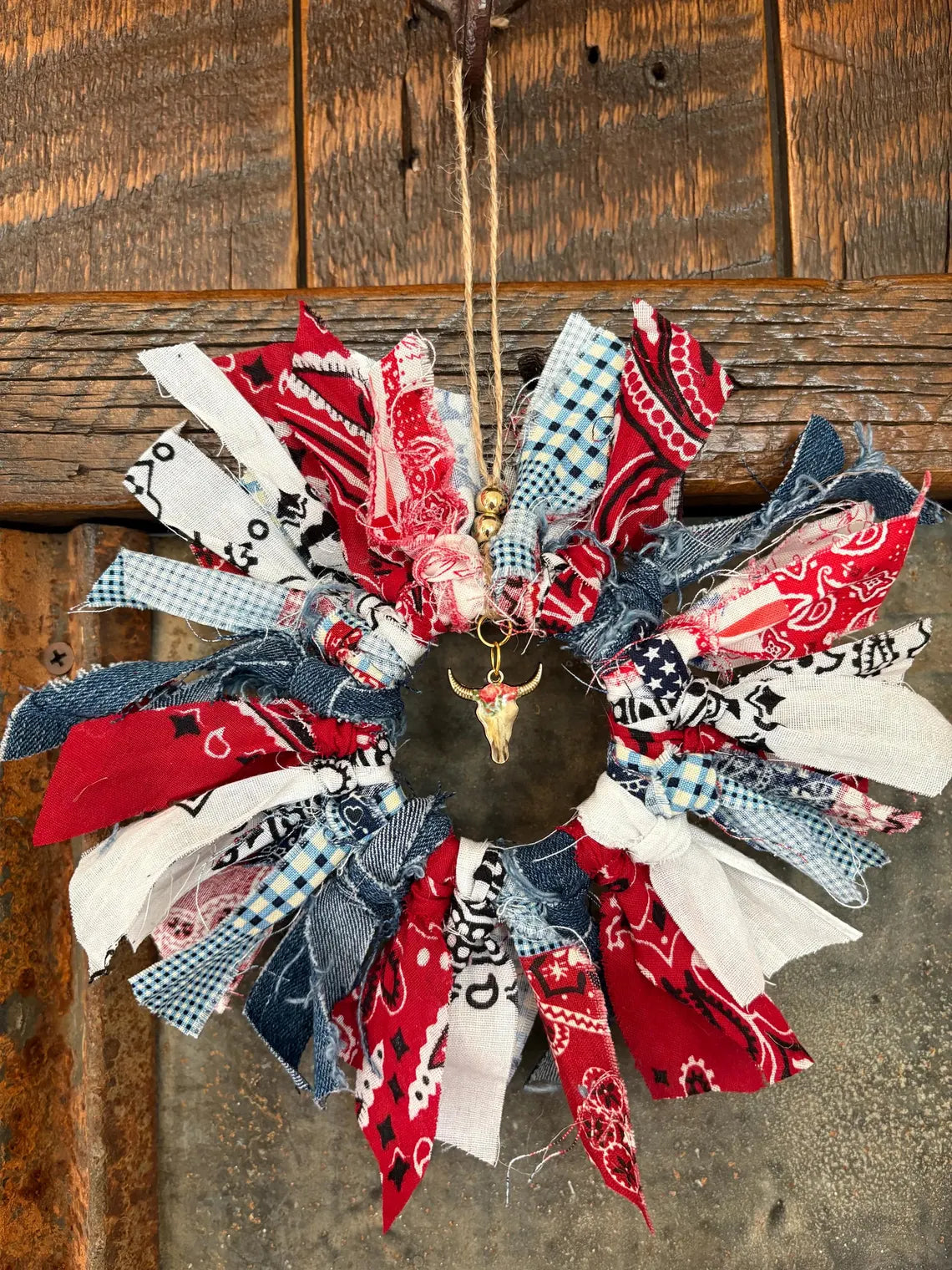 Fabric Wrapped Mini Mason Ring Wreath Western Themed Skull Charm