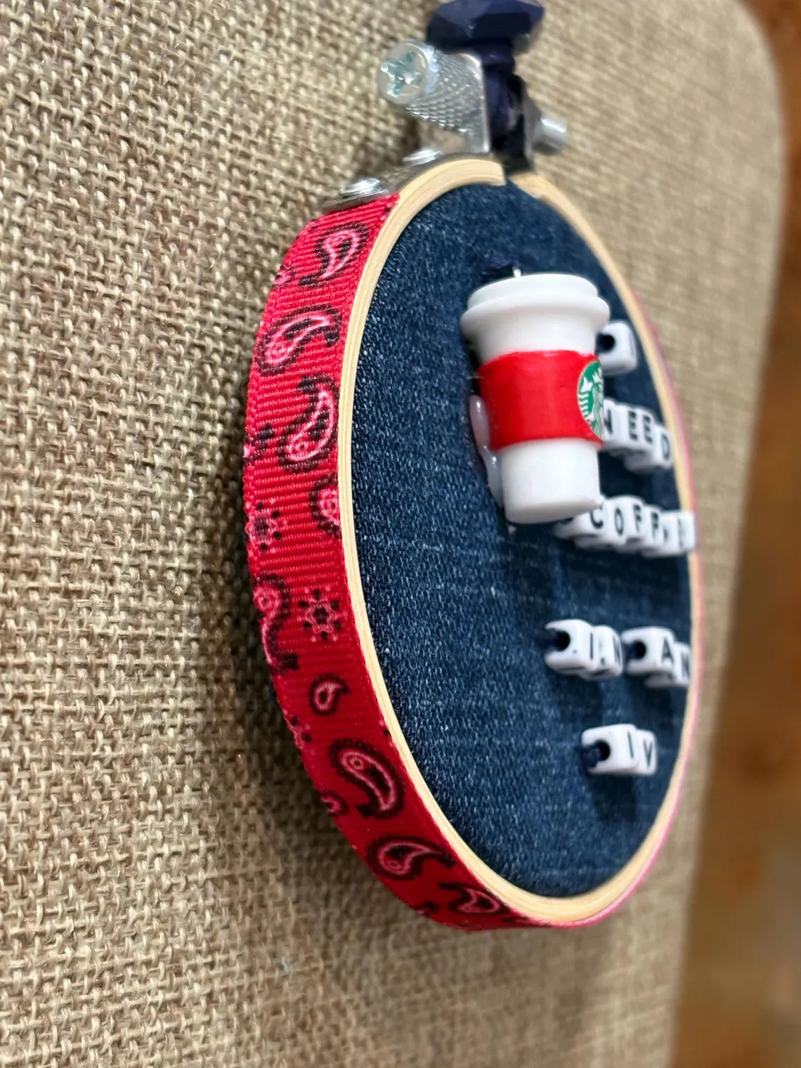 Gilmore Girls Themed Mini Denim Embroidery Ring Wreath Ornament I Need Coffee In An IV