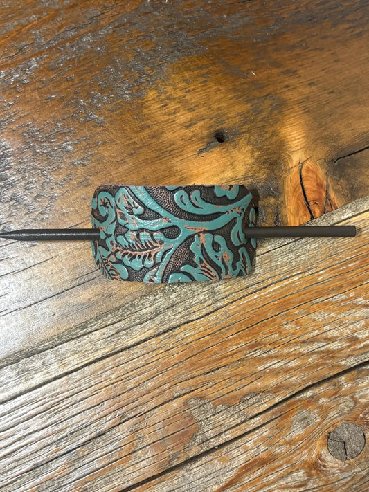 Embossed Leather Hair Slide with Wood Stick - Western Boho Hair Accessory Teal, Rust & Brown