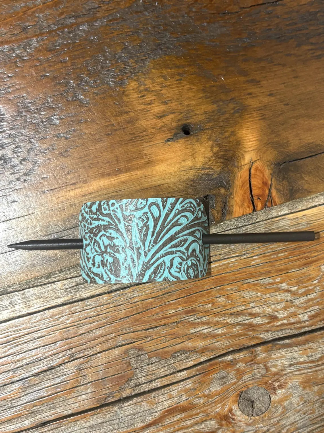 Embossed Leather Hair Slide with Wood Stick - Western Boho Hair Accessory Teal & Brown