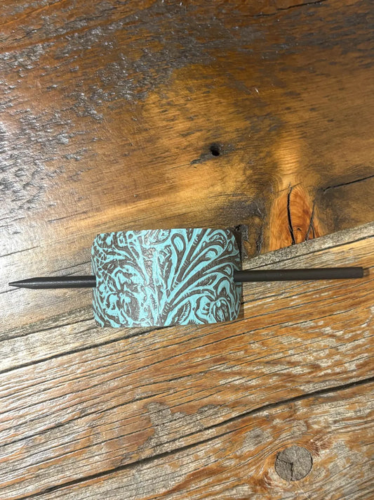 Embossed Leather Hair Slide with Wood Stick - Western Boho Hair Accessory Teal & Brown