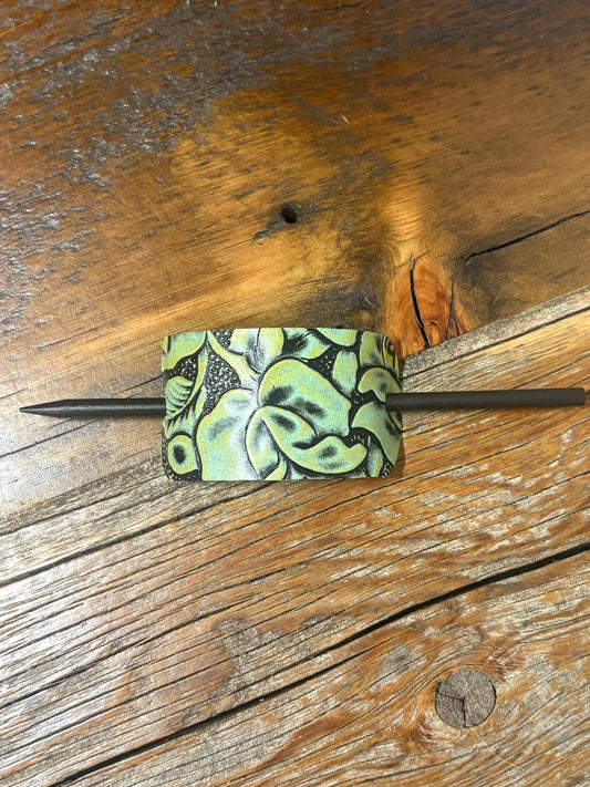 Embossed Leather Hair Slide with Wood Stick - Western Boho Hair Accessory Teal & Charcoal