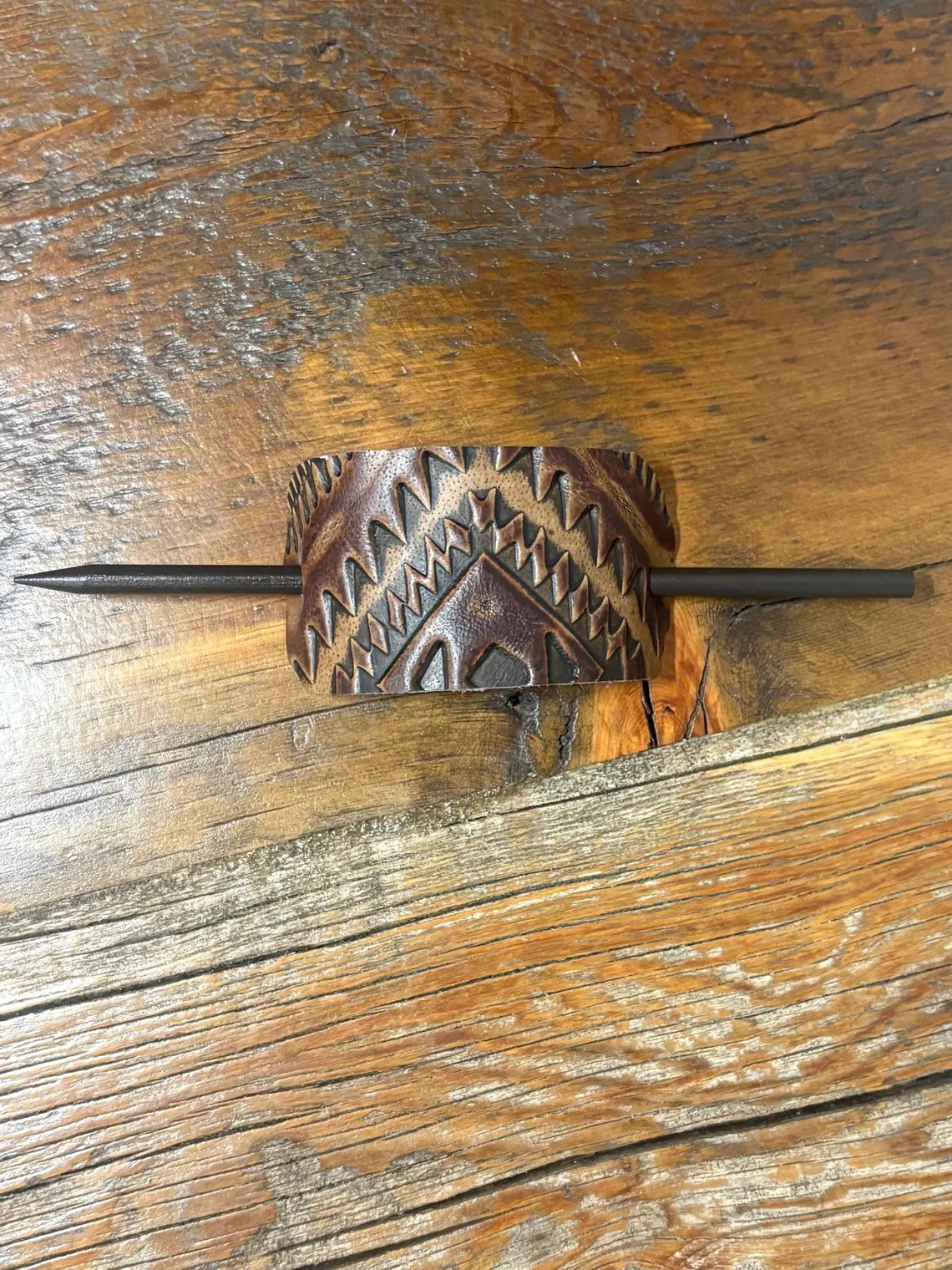 Embossed Leather Hair Slide with Wood Stick - Western Boho Hair Accessory Tan & Brown