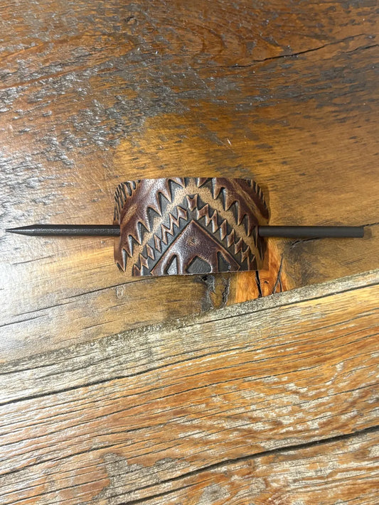 Embossed Leather Hair Slide with Wood Stick - Western Boho Hair Accessory Tan & Brown