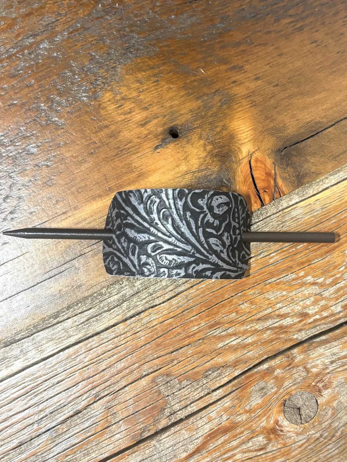 Embossed Leather Hair Slide with Wood Stick - Western Boho Hair Accessory Silver Metallic