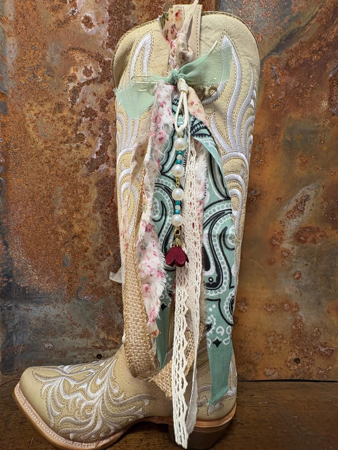 Cowboy Boot Ties Bows Dangles - Western Boho Cowgirl Handmade accessory - Every rose has a thorn