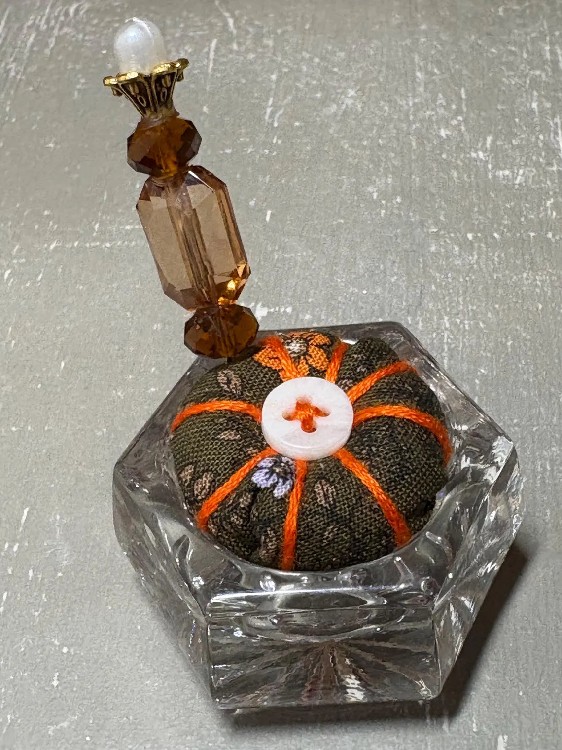 Handmade Salt Cellar Pin Cushion – Decorative Mini Pincushion with Beaded Pin
