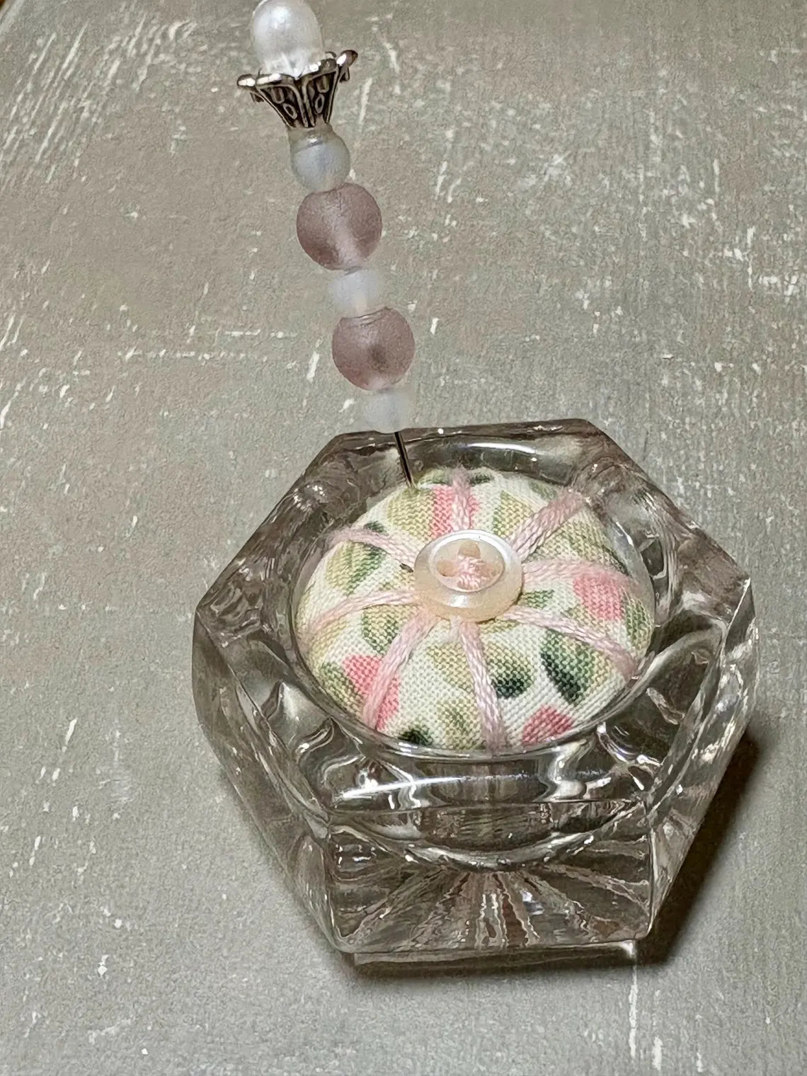 Handmade Salt Cellar Pin Cushion – Decorative Mini Pincushion with Beaded Pin