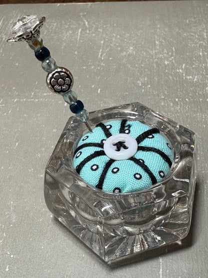 Handmade Salt Cellar Pin Cushion – Decorative Mini Pincushion with Beaded Pin