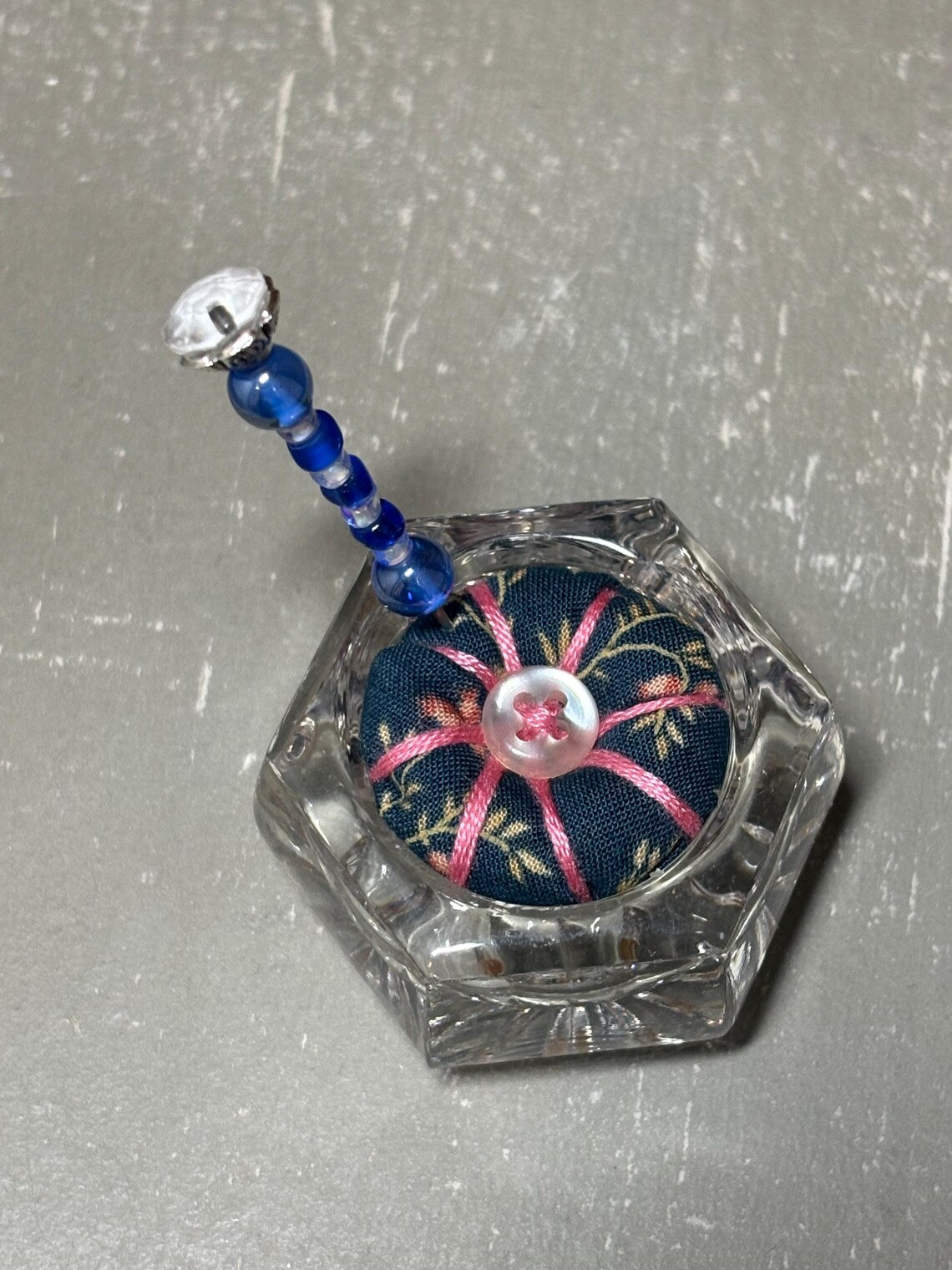 Handmade Salt Cellar Pin Cushion – Decorative Mini Pincushion with Beaded Pin